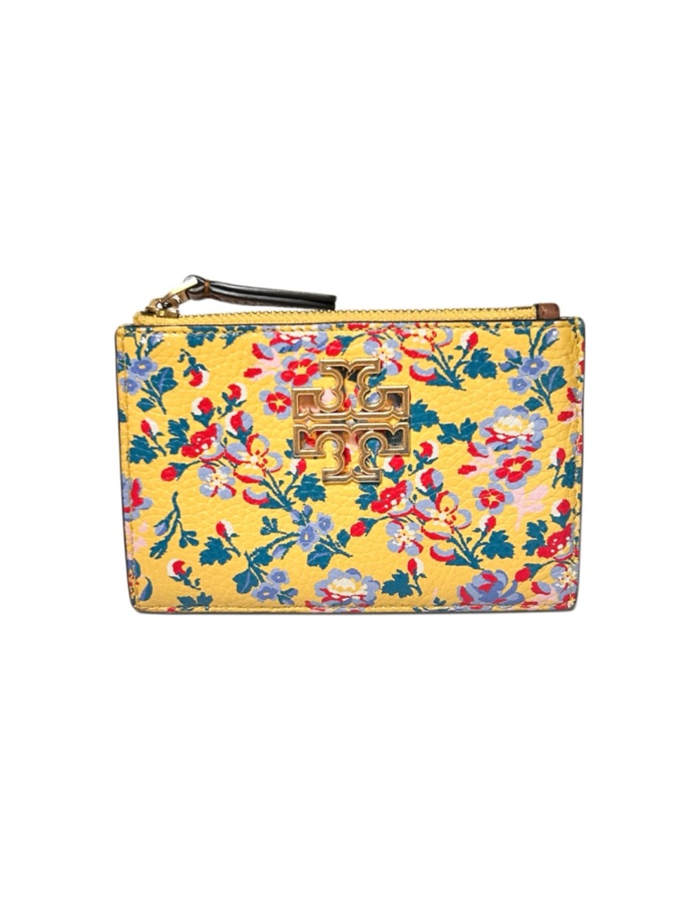 Tory Burch Yellow Floral Leather Zip Card Case with Gold Logo